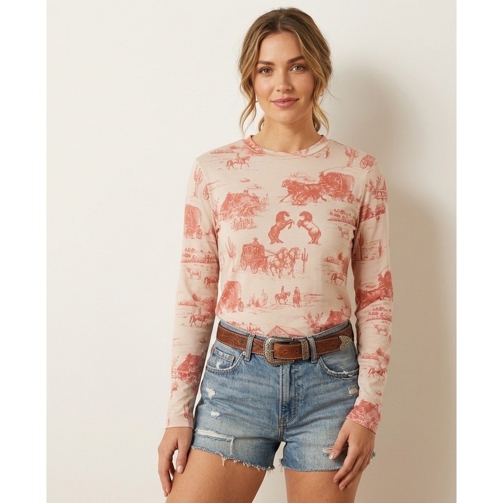 Avery Paige Western Print Mesh Top Large Prairie Cowboy Toile Old West Mock Neck